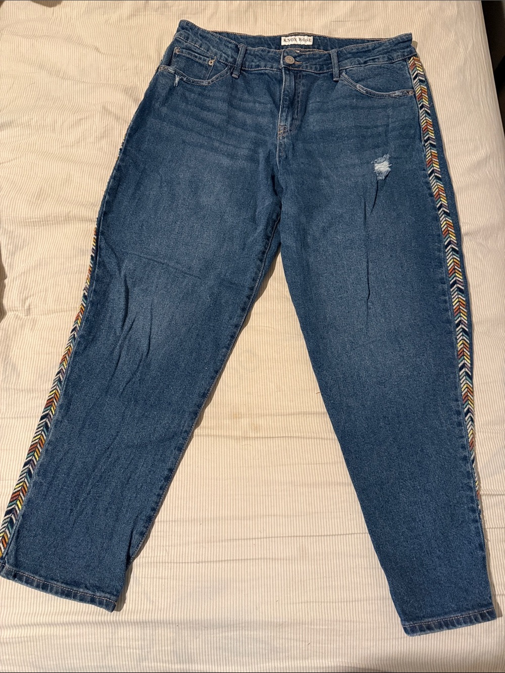 Knox Rose Mildly Distressed Blue Jeans with Multicolor Chevron Side Trim. Sz 12